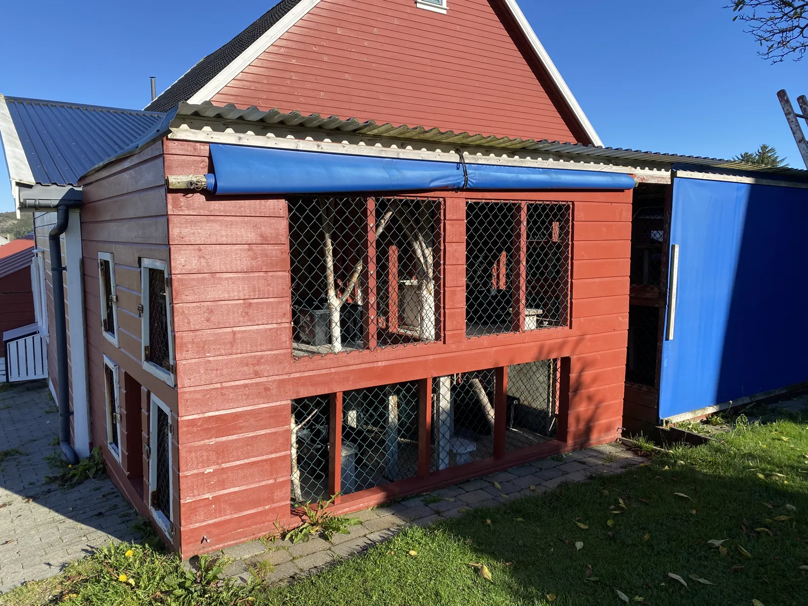 Utegård i tre med netting, bygd inntil et rødt hus